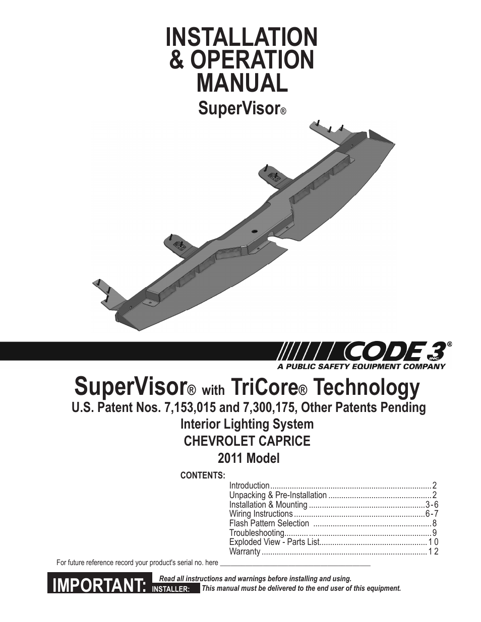 Code 3 SuperVisor with TriCore for 2011 Caprice User Manual | 12 pages