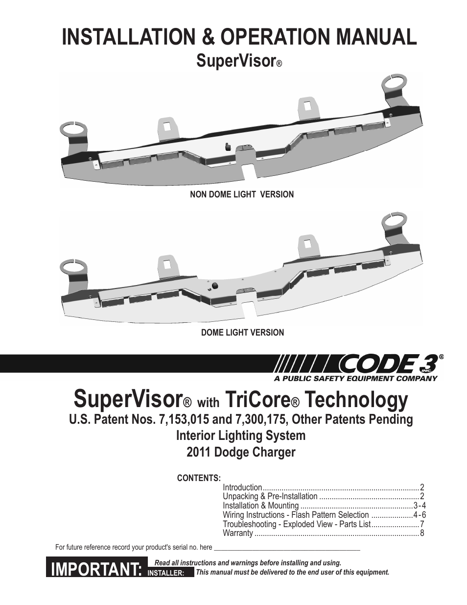 Code 3 SuperVisor with TriCore for 2011 Charger User Manual | 8 pages