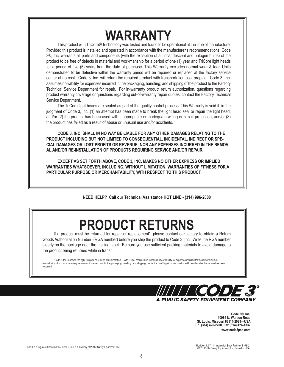 Product returns, Warranty | Code 3 SuperVisor with TriCore for 2011 Charger User Manual | Page 8 / 8