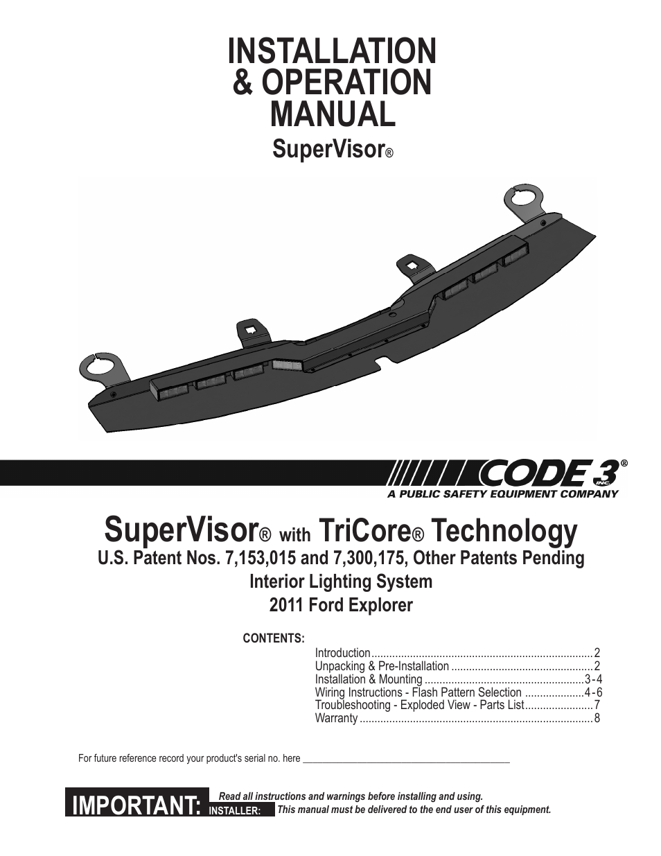 Code 3 SuperVisor with TriCore for 2011 Ford Explorer User Manual | 8 pages