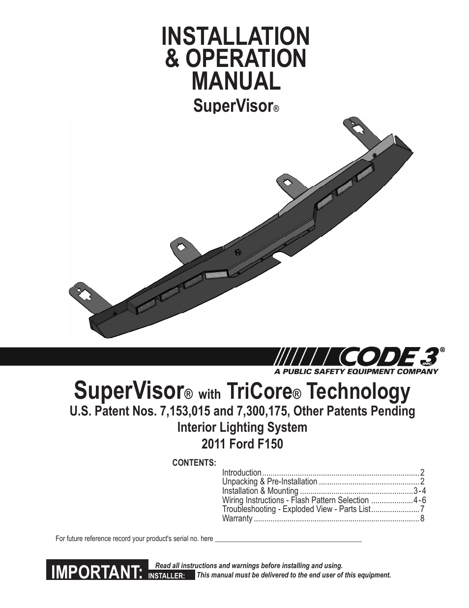 Code 3 SuperVisor with TriCore for Ford F150 User Manual | 8 pages