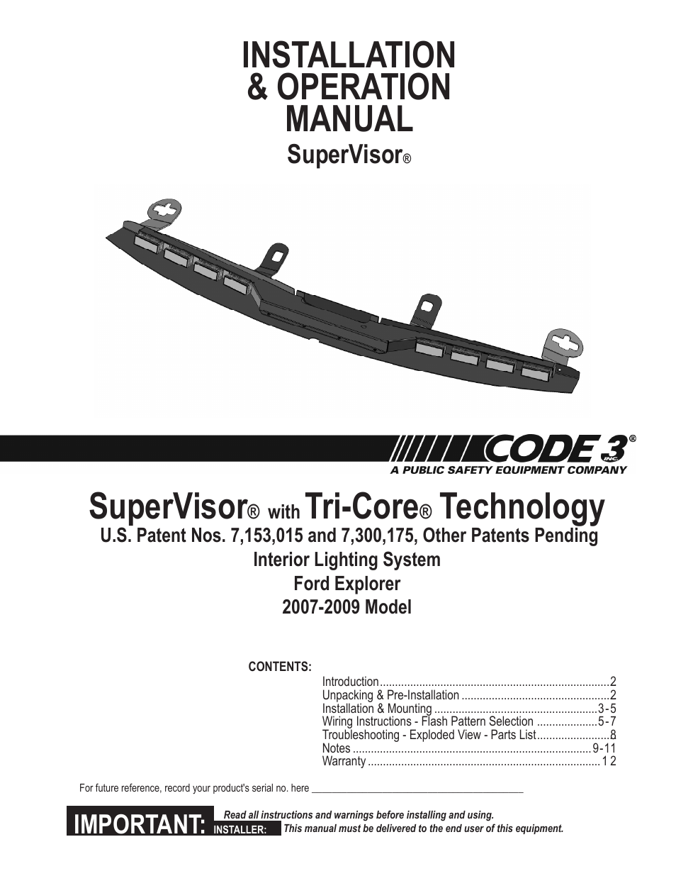 Code 3 SuperVisor with TriCore for 2007-2009 Ford Explorer User Manual | 12 pages