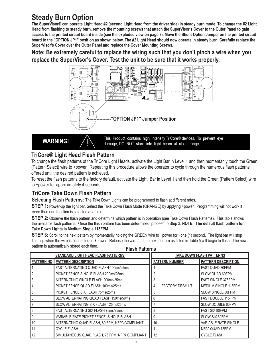 Steady burn option, Warning! tricore® light head flash pattern, Tricore take down flash pattern | Code 3 SuperVisor with TriCore for 2007-2009 Ford Explorer User Manual | Page 7 / 12