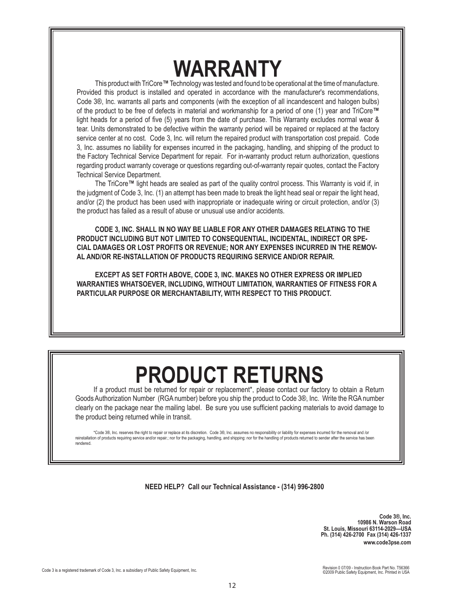 Product returns, Warranty | Code 3 SuperVisor with TriCore for 2009 Chevy Tahoe User Manual | Page 12 / 12