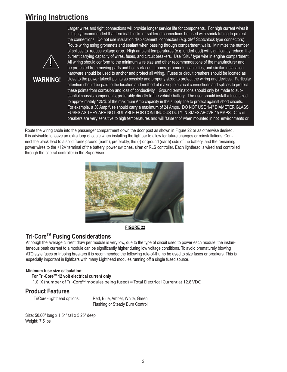 Wiring instructions, Warning, Product features | Tri-core, Fusing considerations | Code 3 SuperVisor with TriCore for 2009 Chevy Tahoe User Manual | Page 6 / 12