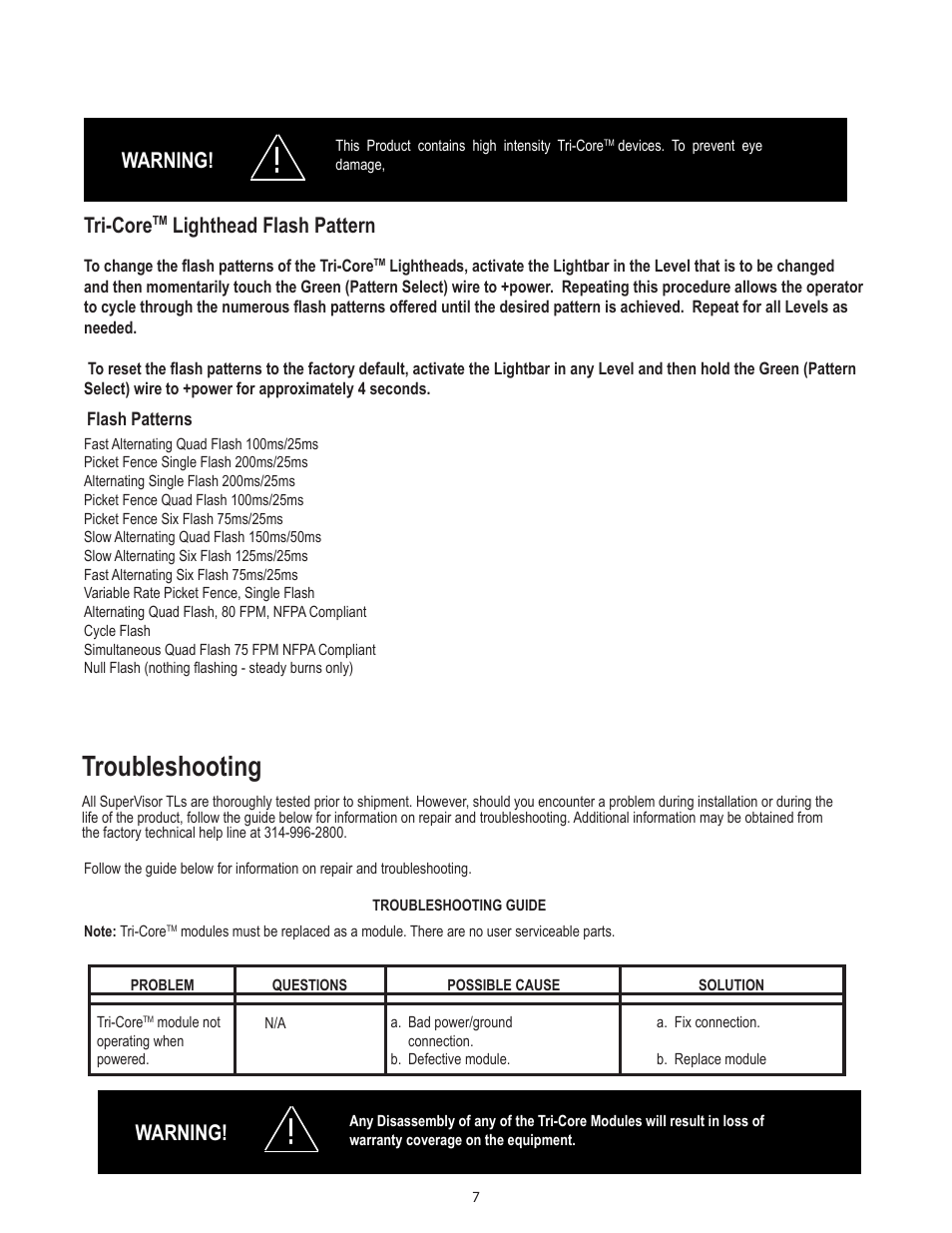 Troubleshooting, Tri-core, Lighthead flash pattern | Warning | Code 3 SuperVisor with TriCore for 2009 Chevy Tahoe User Manual | Page 7 / 12