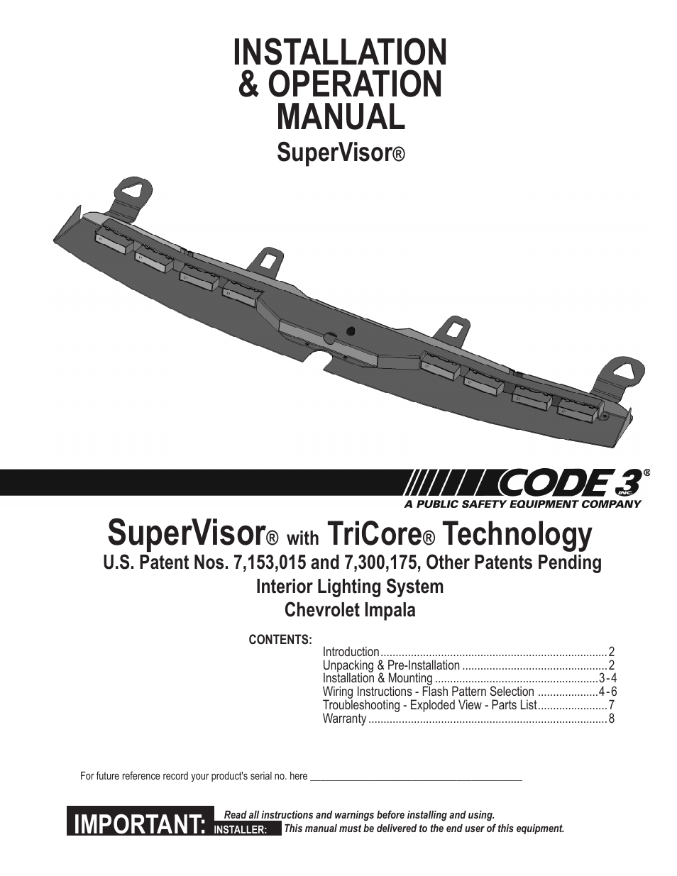 Code 3 SuperVisor with TriCore for Chevy Impala User Manual | 8 pages