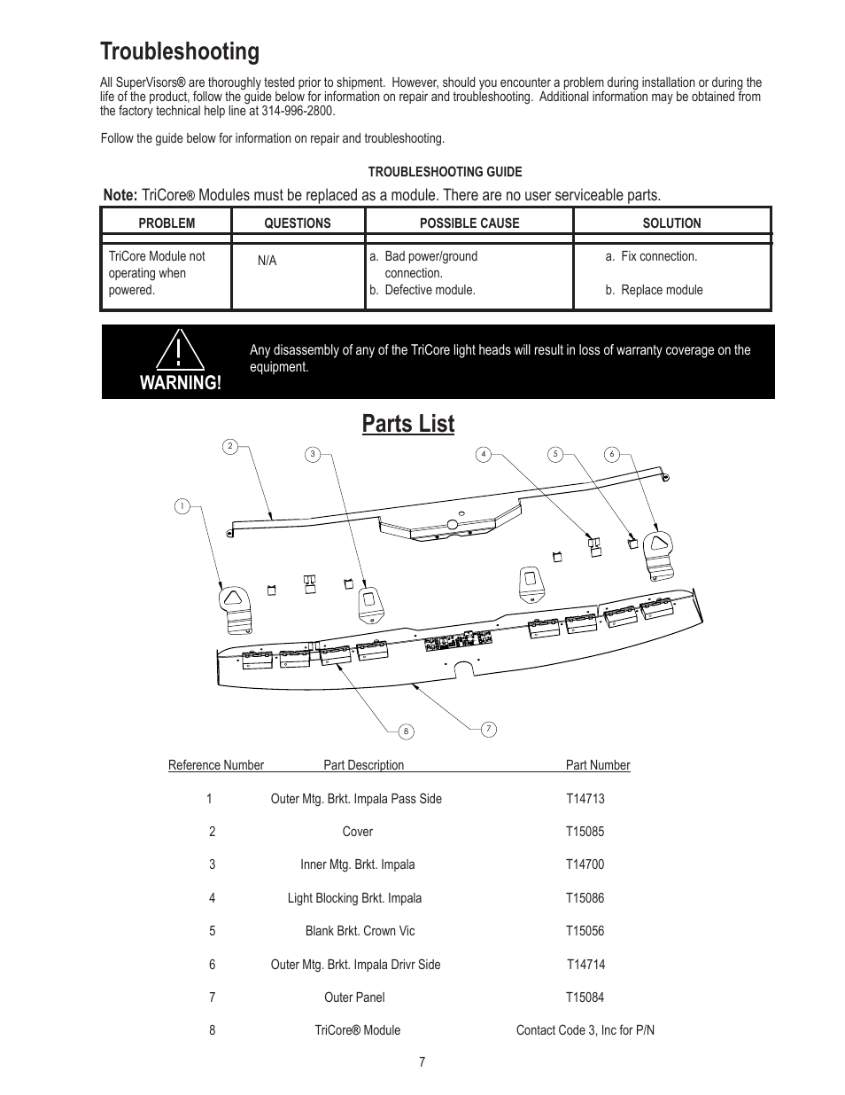 Parts list, Troubleshooting, Warning | Code 3 SuperVisor with TriCore for Chevy Impala User Manual | Page 7 / 8