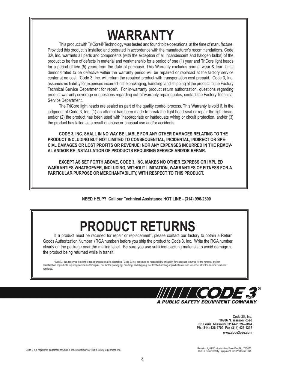 Product returns, Warranty | Code 3 SuperVisor with TriCore for Chevy Impala User Manual | Page 8 / 8