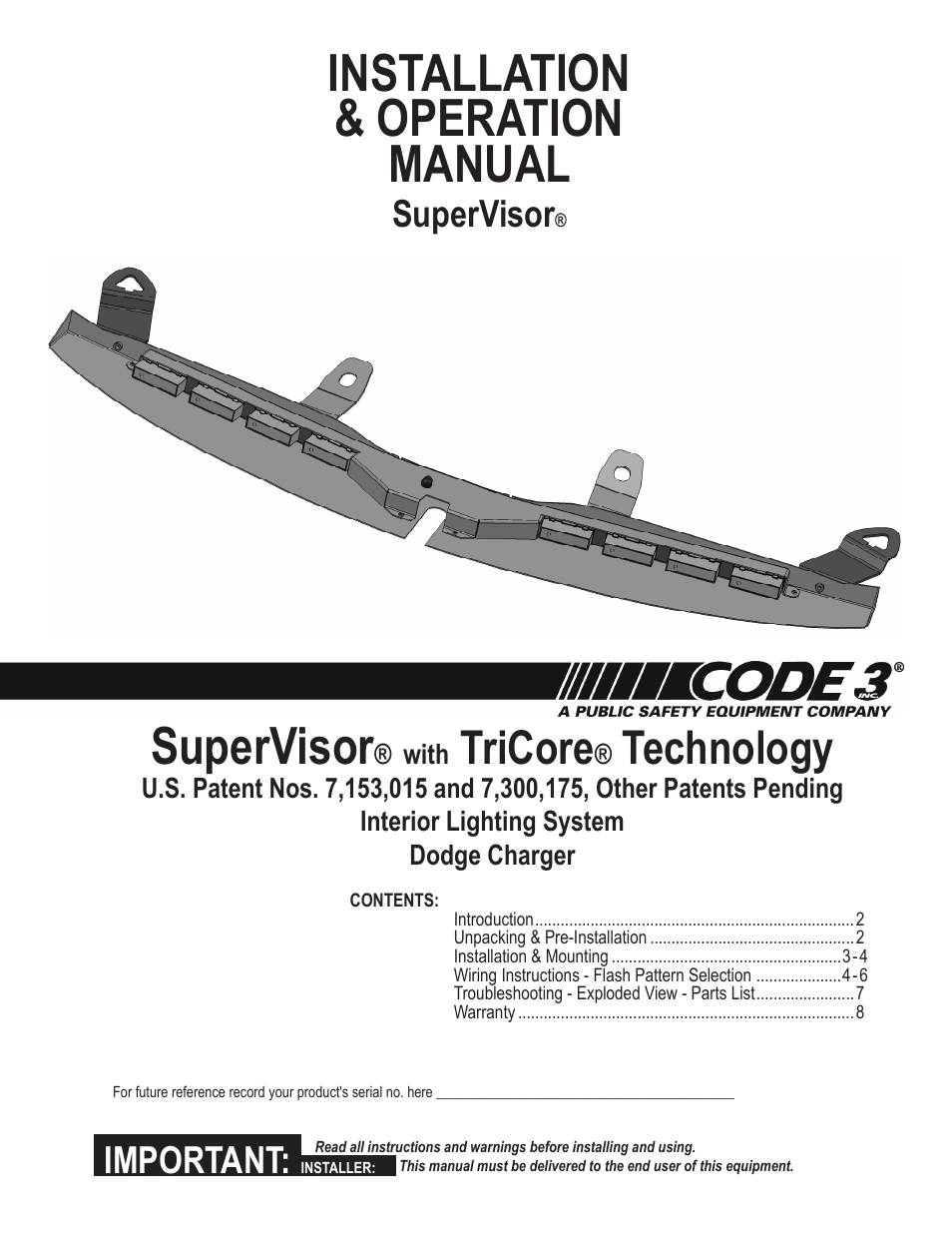 Code 3 SuperVisor with TriCore for Dodge Charger User Manual | 8 pages