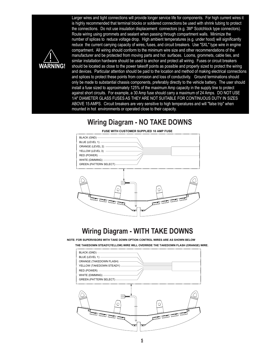 Wiring diagram - no take downs, Wiring diagram - with take downs, Warning | Code 3 SuperVisor with TriCore for Dodge Charger User Manual | Page 5 / 8