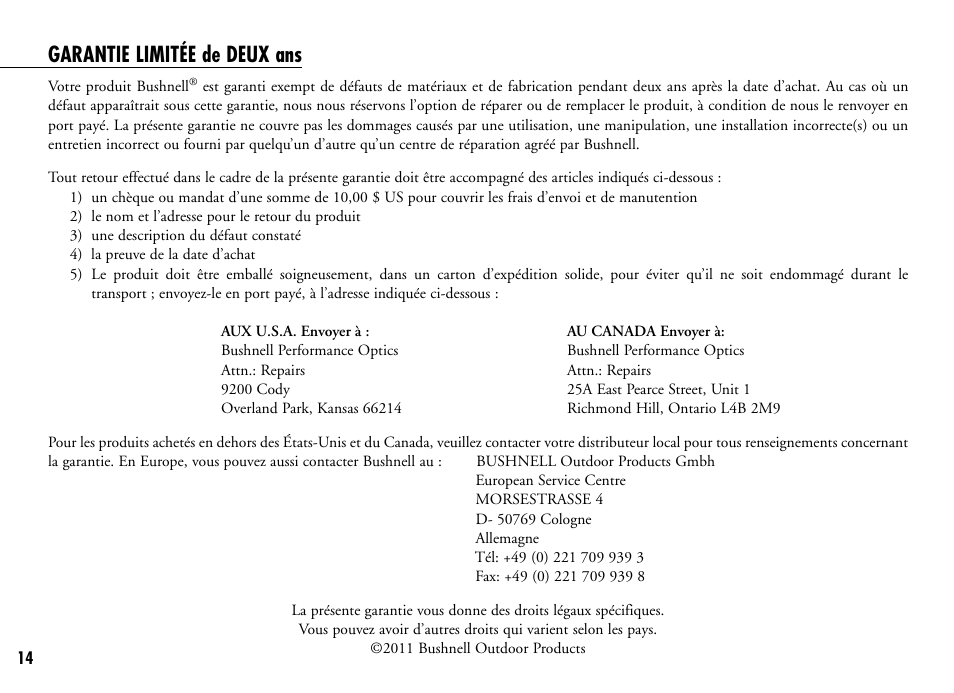 Garantie limitée de deux ans | Bushnell 201916 201921C User Manual | Page 16 / 52