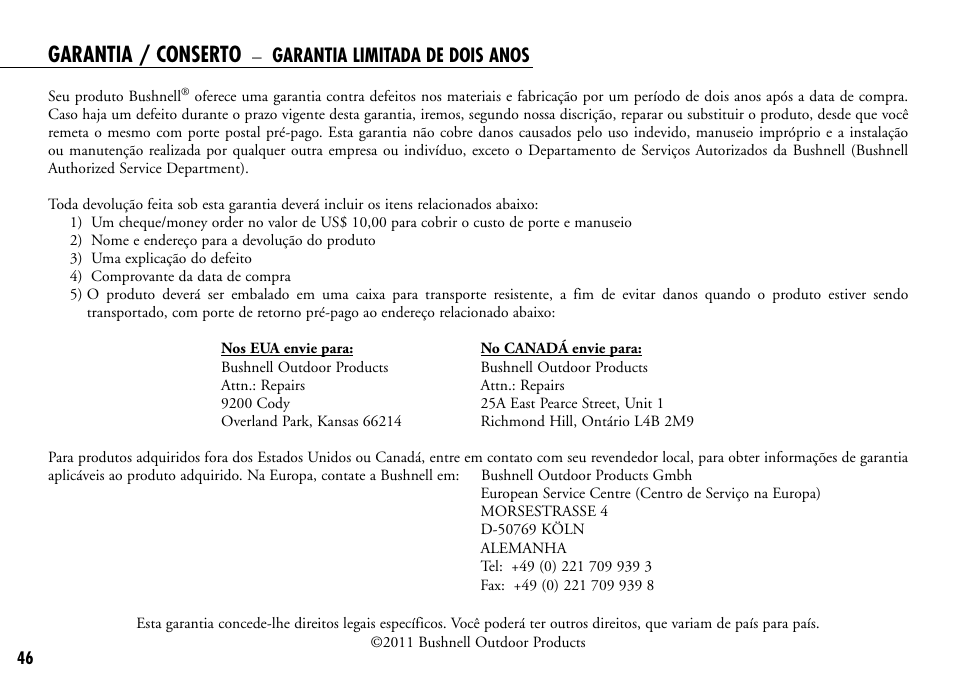 Garantia / conserto, Garantia limitada de dois anos | Bushnell 201916 201921C User Manual | Page 48 / 52
