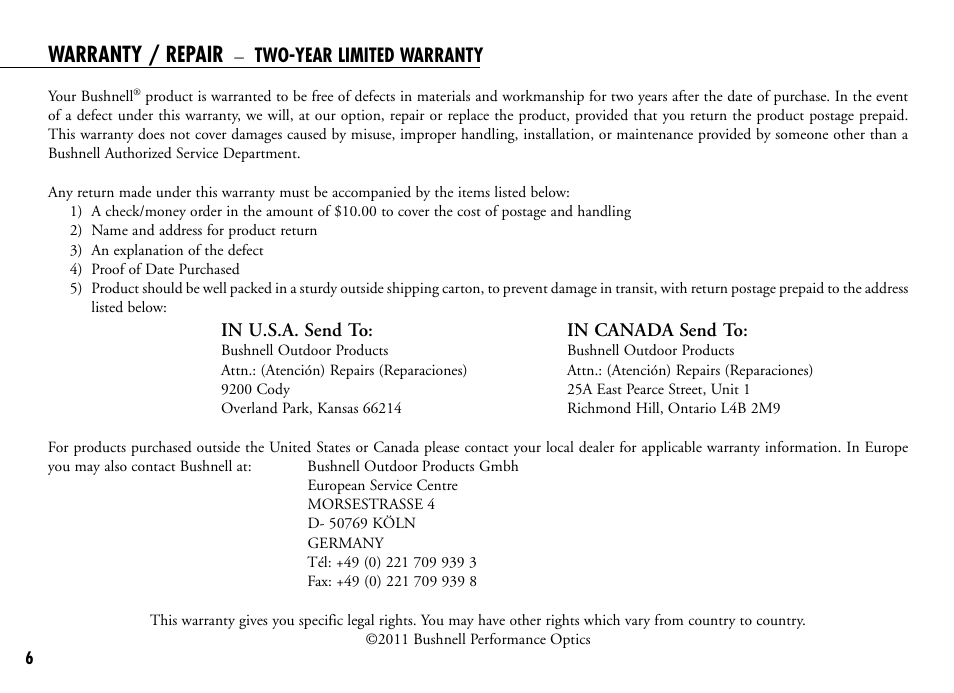 Warranty / repair, Two-year limited warranty | Bushnell 201916 201921C User Manual | Page 8 / 52