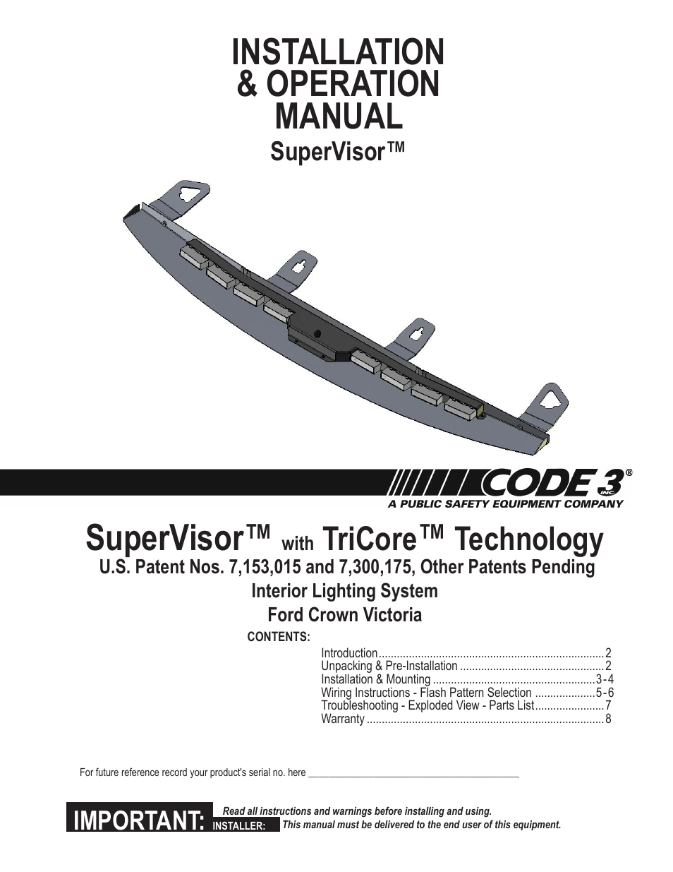 Code 3 SuperVisor with TriCore for Ford Crown Victoria User Manual | 8 pages