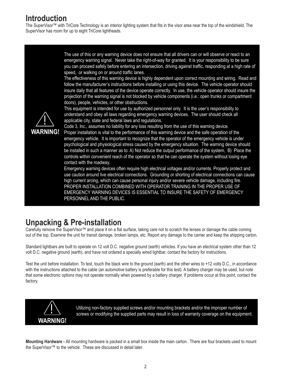 Unpacking & pre-installation, Introduction, Warning | Code 3 SuperVisor with TriCore for Ford Crown Victoria User Manual | Page 2 / 8