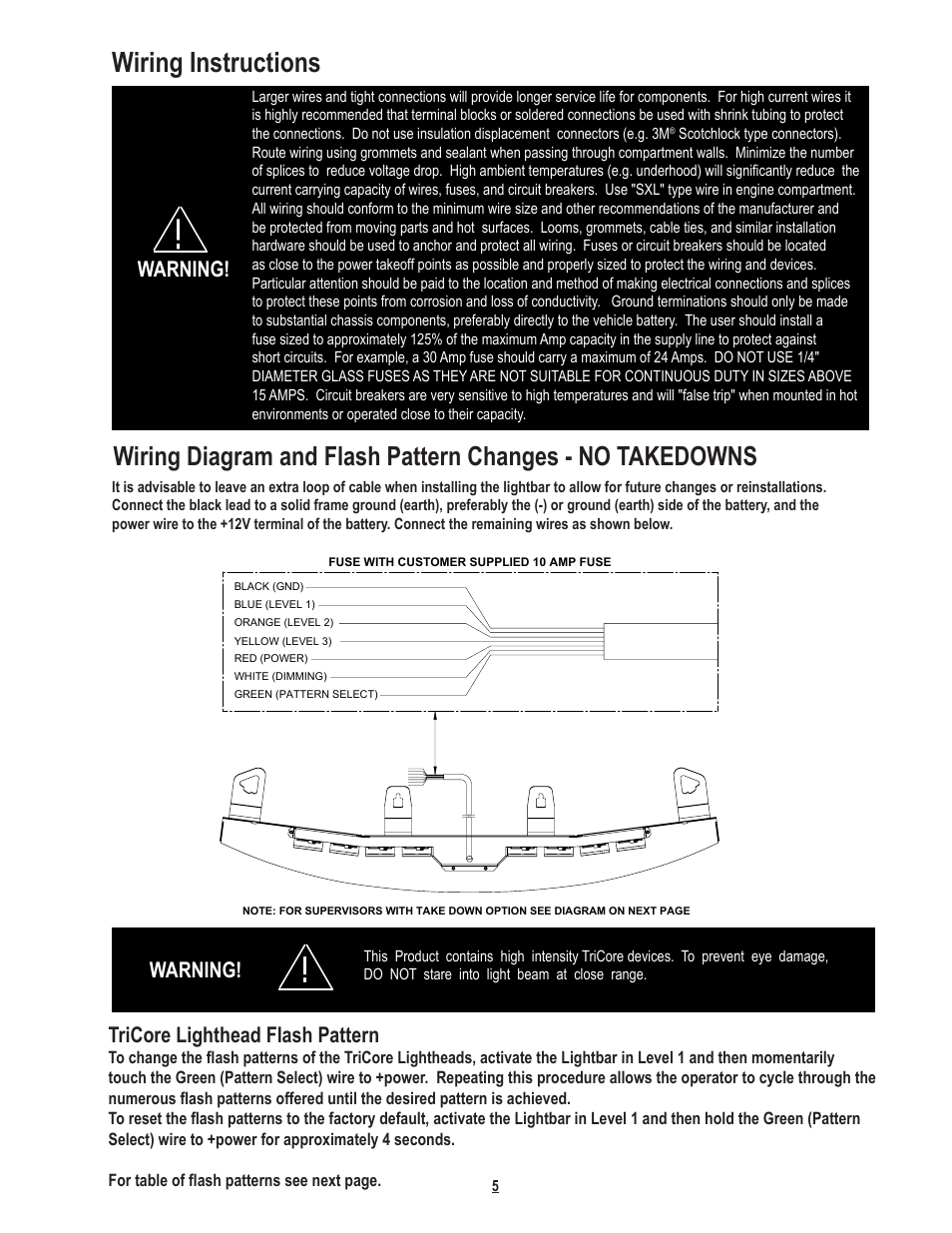 Wiring instructions, Warning, Warning! tricore lighthead flash pattern | Code 3 SuperVisor with TriCore for Ford Crown Victoria User Manual | Page 5 / 8