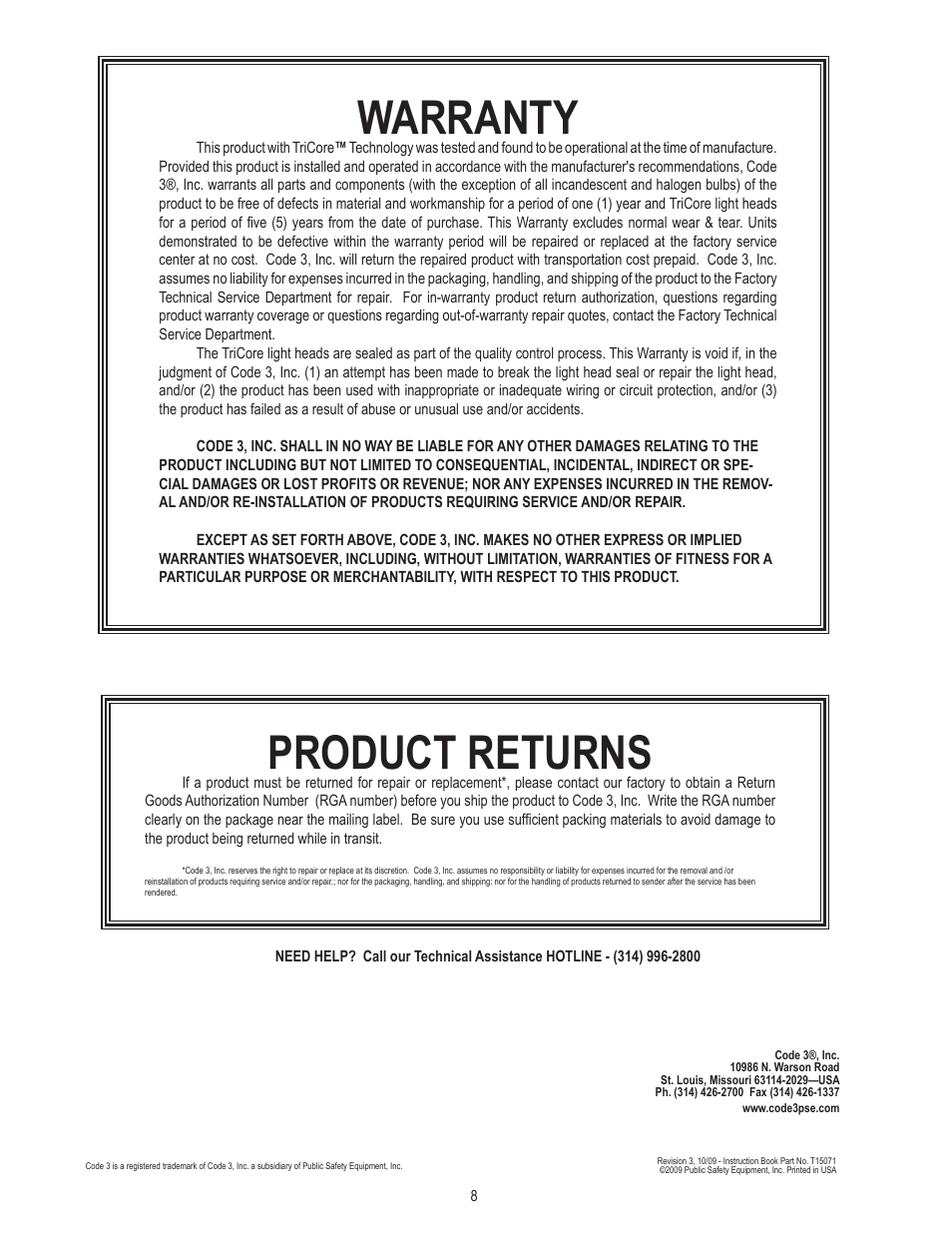 Product returns, Warranty | Code 3 SuperVisor with TriCore for Ford Crown Victoria User Manual | Page 8 / 8