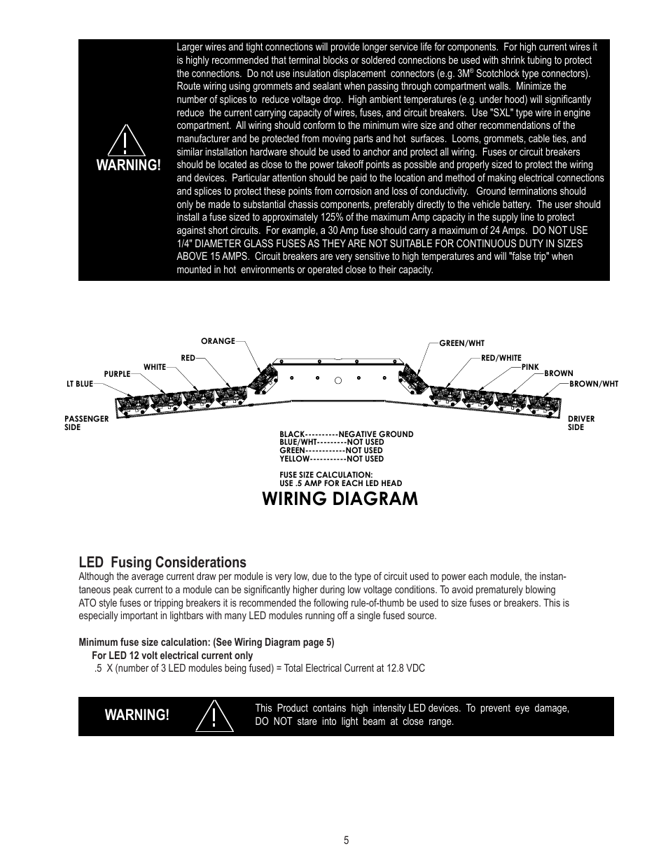 Wiring diagram, Warning! led fusing considerations, Warning | Code 3 SuperVisor_3Up_OPTIX_2011_Ford_F150 User Manual | Page 5 / 8