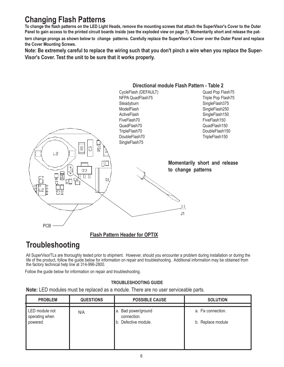 Troubleshooting, Changing flash patterns | Code 3 SuperVisor_3Up_OPTIX_2011_Ford_F150 User Manual | Page 6 / 8