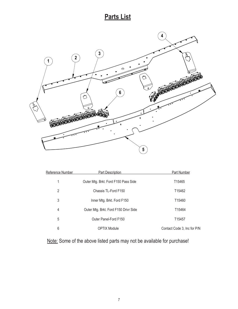 Parts list | Code 3 SuperVisor_3Up_OPTIX_2011_Ford_F150 User Manual | Page 7 / 8