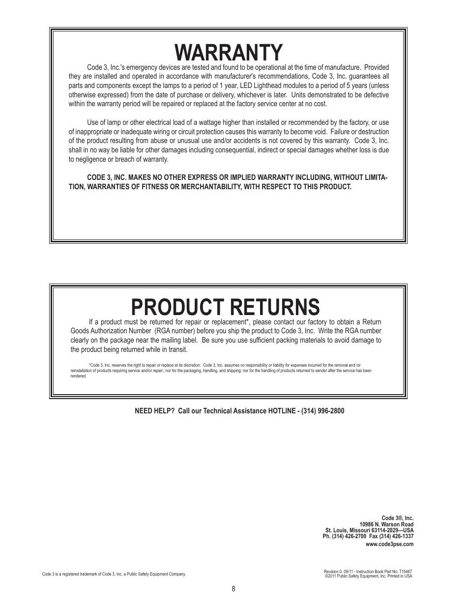 Warranty, Product returns | Code 3 SuperVisor_3Up_OPTIX_2011_Ford_F150 User Manual | Page 8 / 8