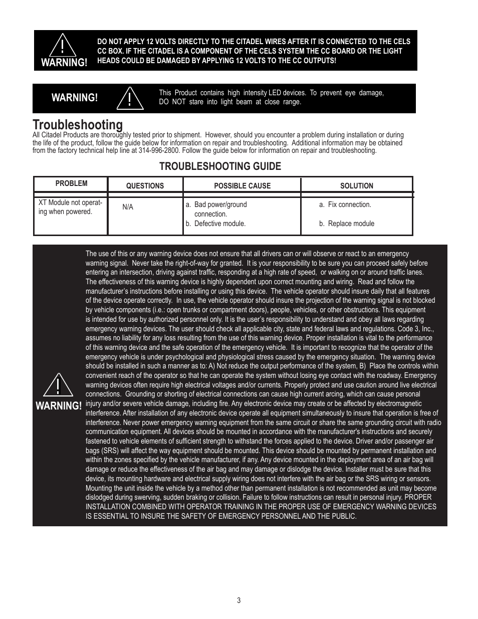 Troubleshooting, Troubleshooting guide, Warning | Code 3 Tahoe Citadel User Manual | Page 3 / 4
