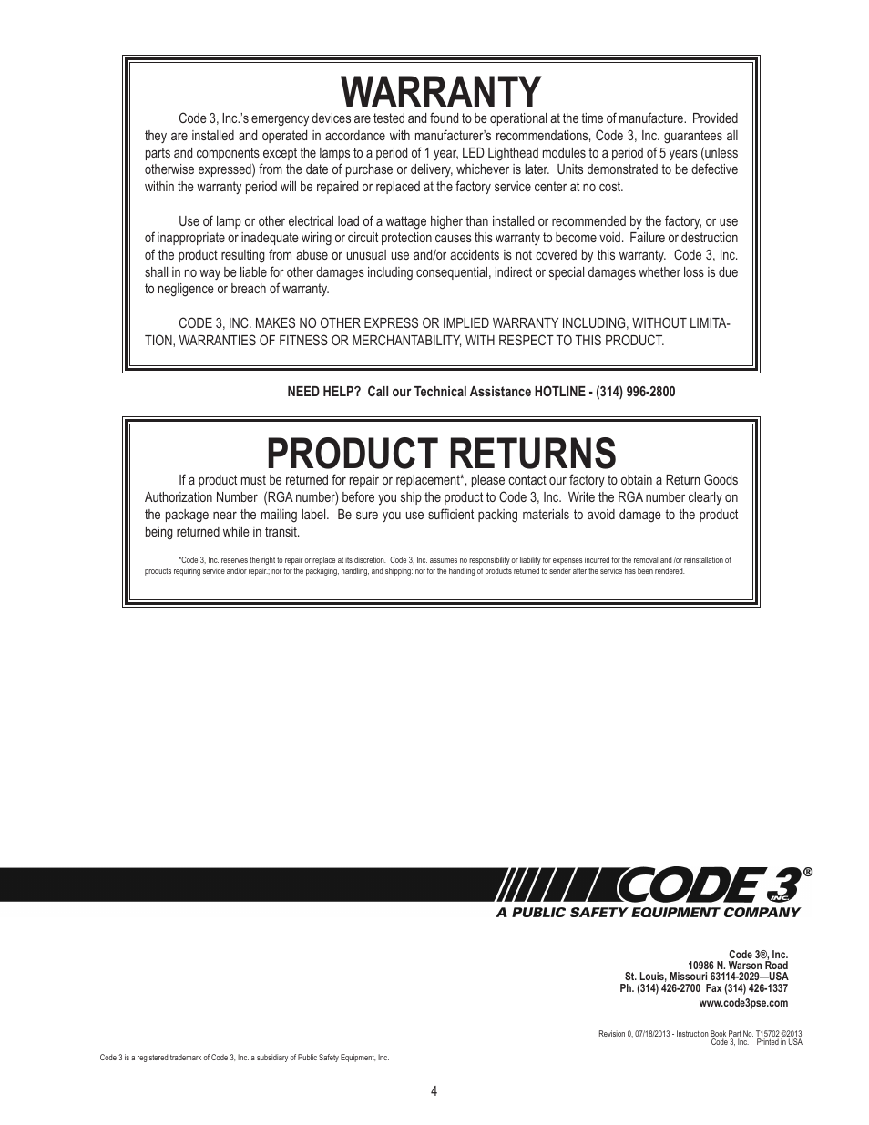 Warranty, Product returns | Code 3 Tahoe Citadel User Manual | Page 4 / 4