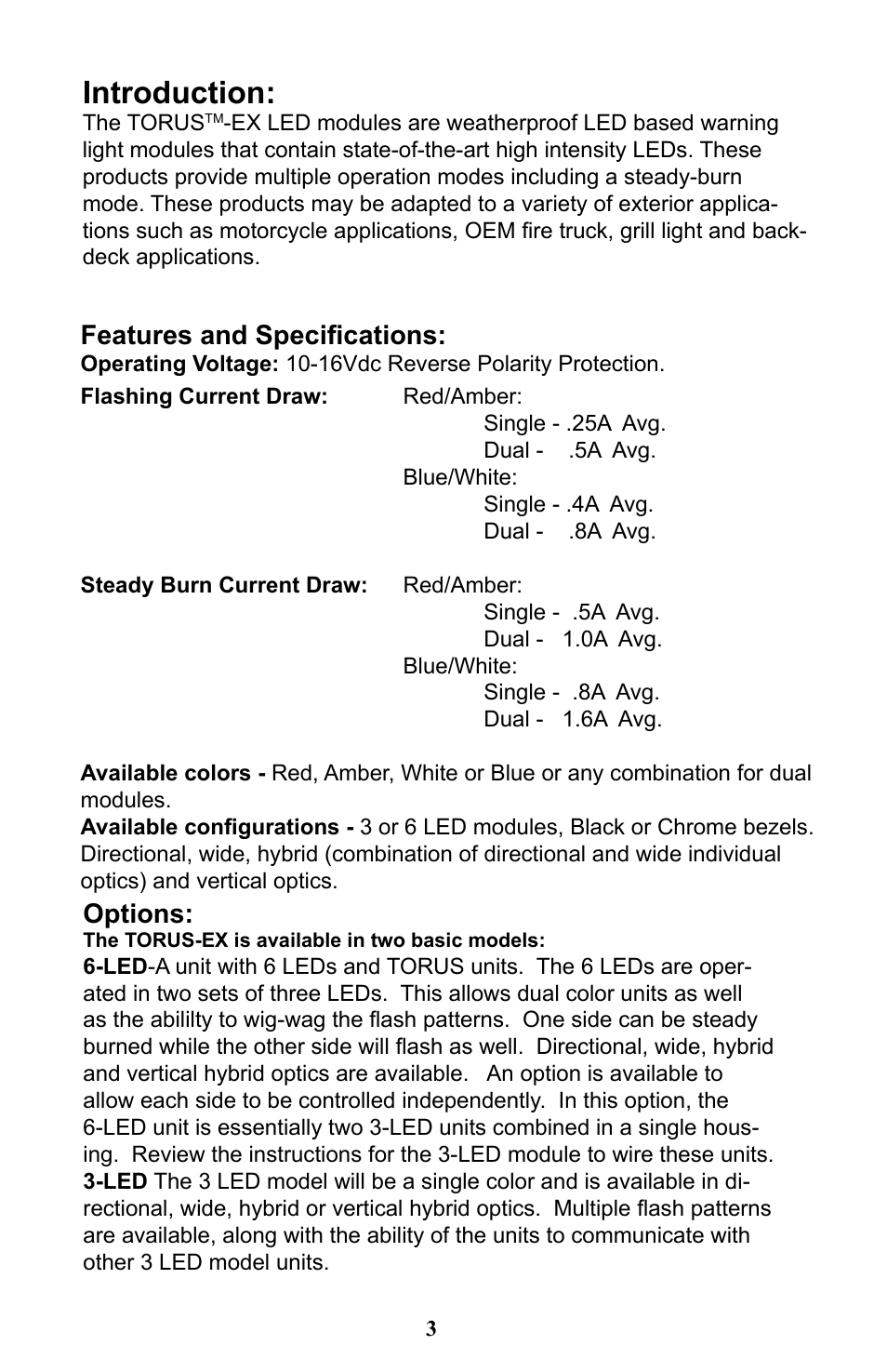 Introduction, Features and specifications, Options | Code 3 Torus 3-Up & 6-Up User Manual | Page 3 / 8