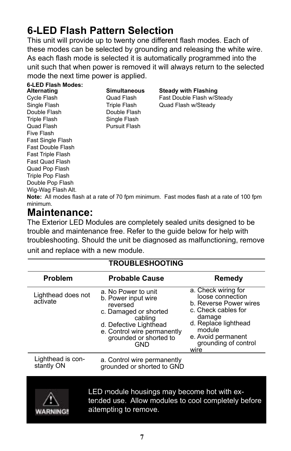 Led flash pattern selection, Maintenance, Warning | Code 3 Torus 3-Up & 6-Up User Manual | Page 7 / 8
