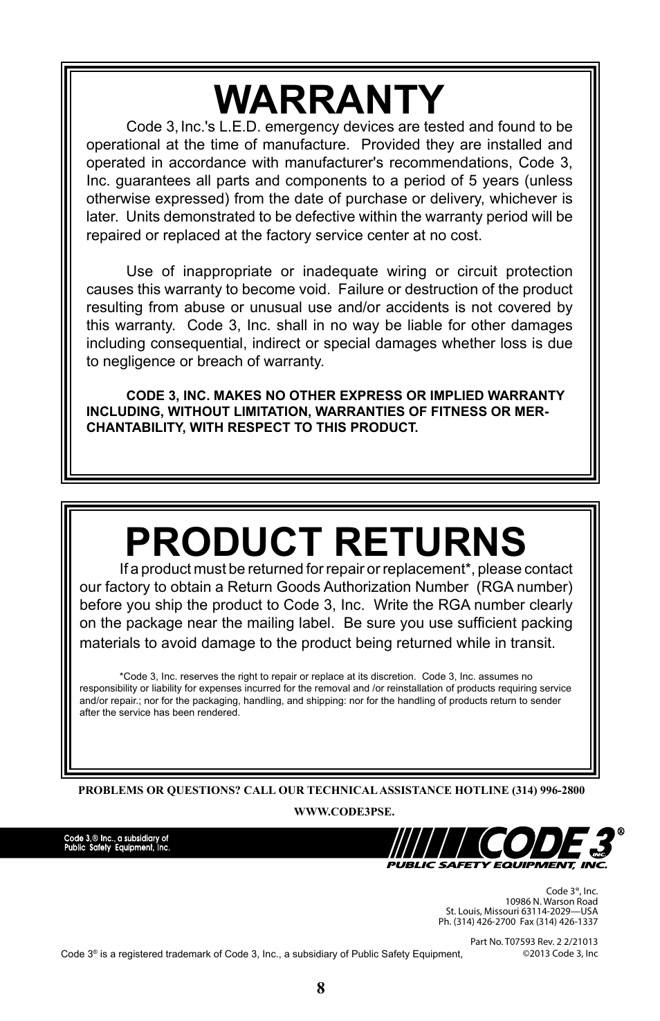 Warranty, Product returns | Code 3 Torus 3-Up & 6-Up User Manual | Page 8 / 8