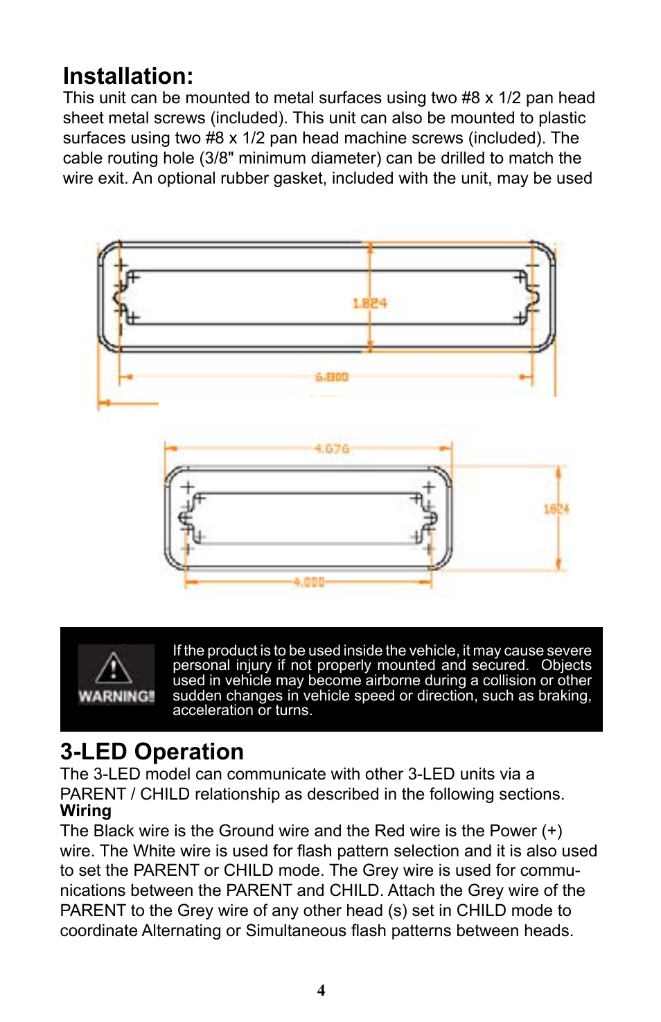 Installation, Led operation | Code 3 Torus Lighthead User Manual | Page 4 / 8