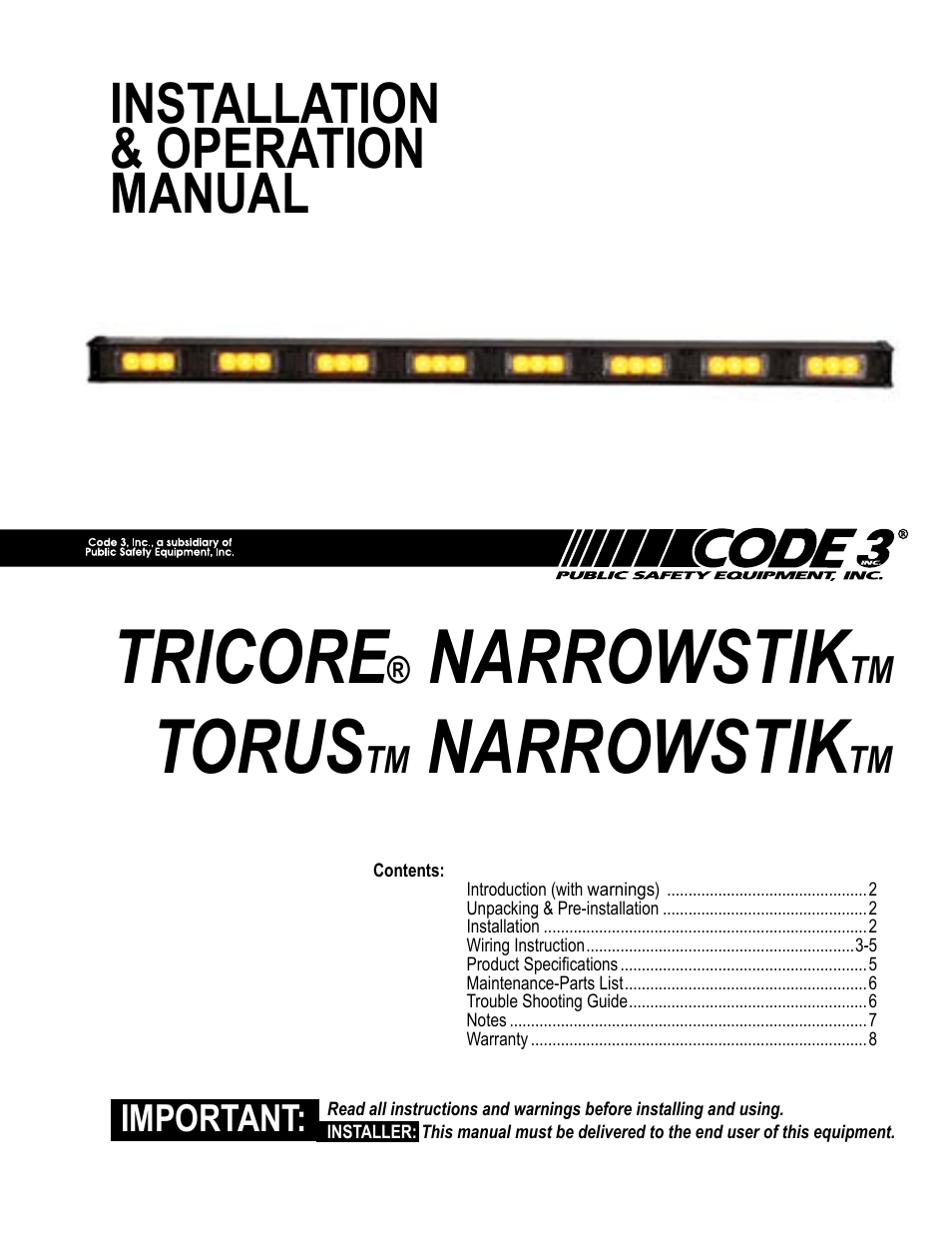 Code 3 Torus NarrowStik User Manual | 8 pages
