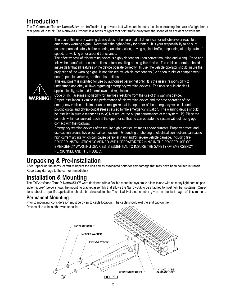 Unpacking & pre-installation, Installation & mounting, Introduction | Warning, Permanent mounting | Code 3 Torus NarrowStik User Manual | Page 2 / 8