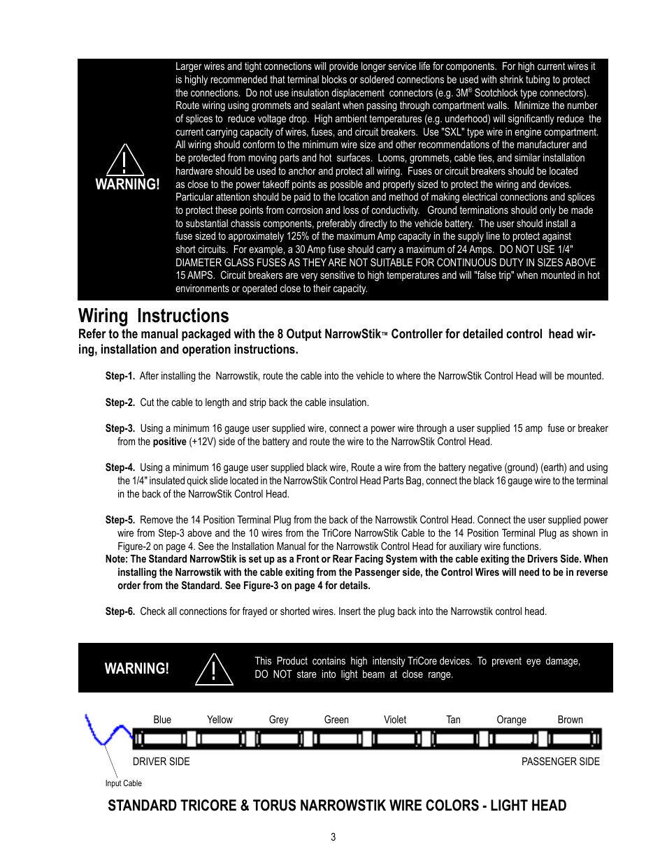 Wiring instructions, Warning | Code 3 Torus NarrowStik User Manual | Page 3 / 8