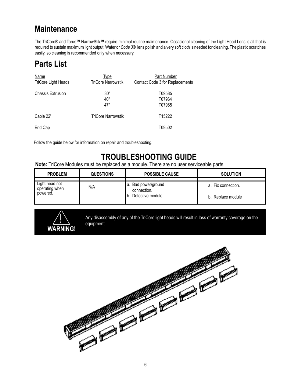 Maintenance, Parts list, Troubleshooting guide | Warning | Code 3 Torus NarrowStik User Manual | Page 6 / 8