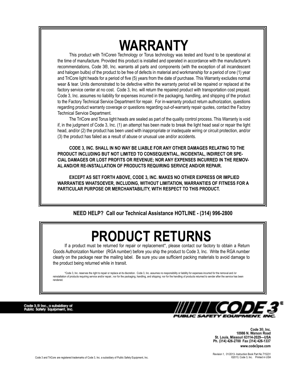 Product returns, Warranty | Code 3 Torus NarrowStik User Manual | Page 8 / 8