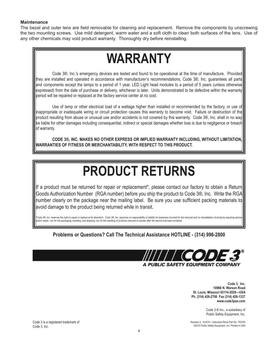 Warranty, Product returns | Code 3 T-Rex Series User Manual | Page 4 / 4