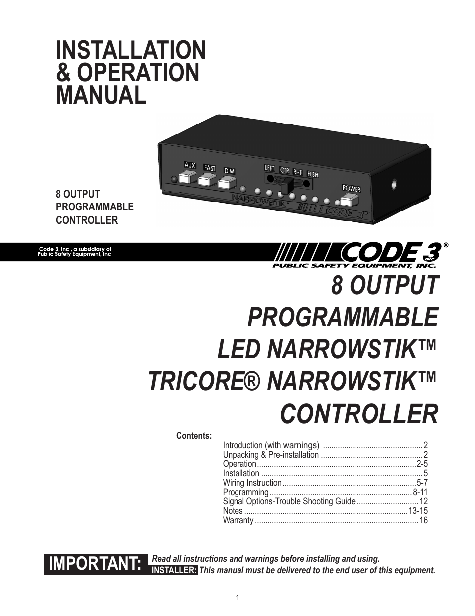 Code 3 TriCore NarrowStik Controller User Manual | 16 pages