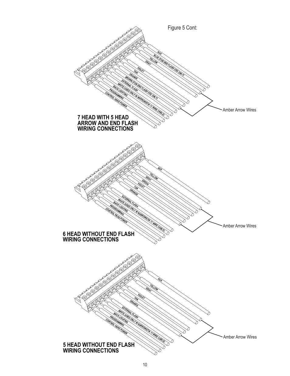 6 head without end flash wiring connections, 5 head without end flash wiring connections, Figure 5 cont | Amber arrow wires | Code 3 TriCore NarrowStik Controller User Manual | Page 10 / 16