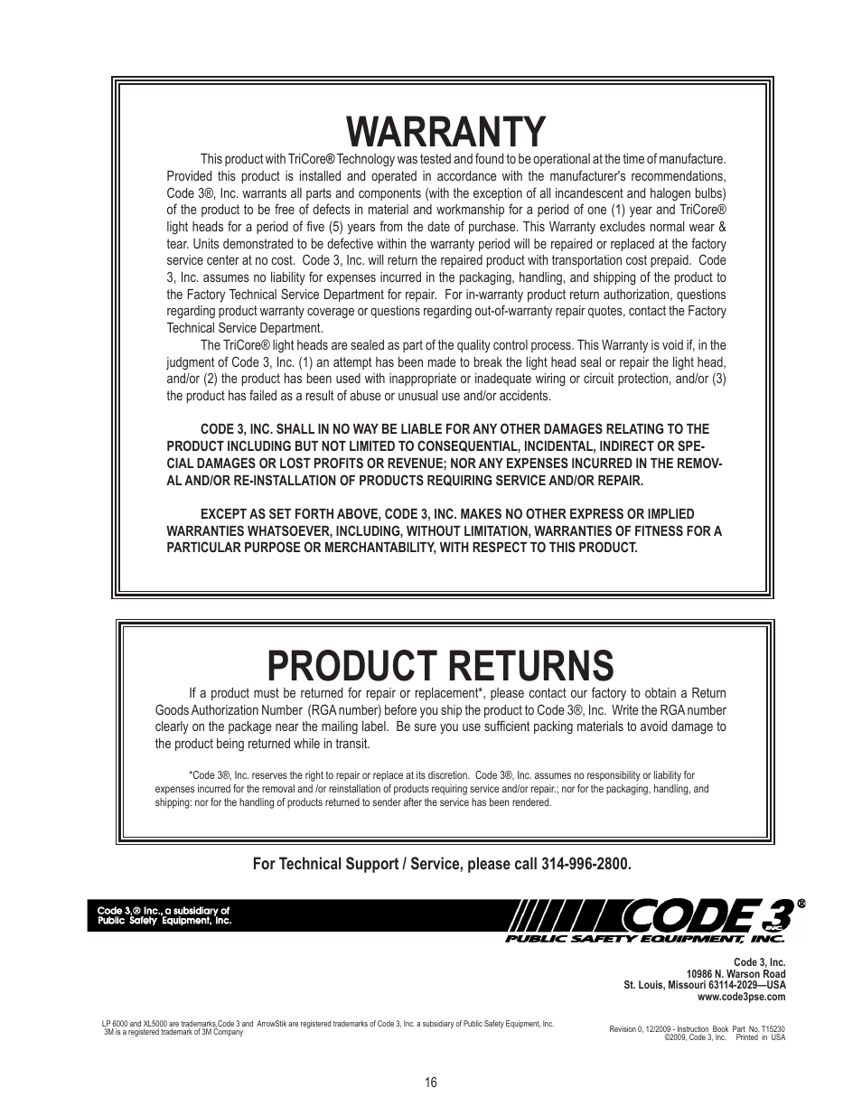 Warranty, Product returns | Code 3 TriCore NarrowStik Controller User Manual | Page 16 / 16