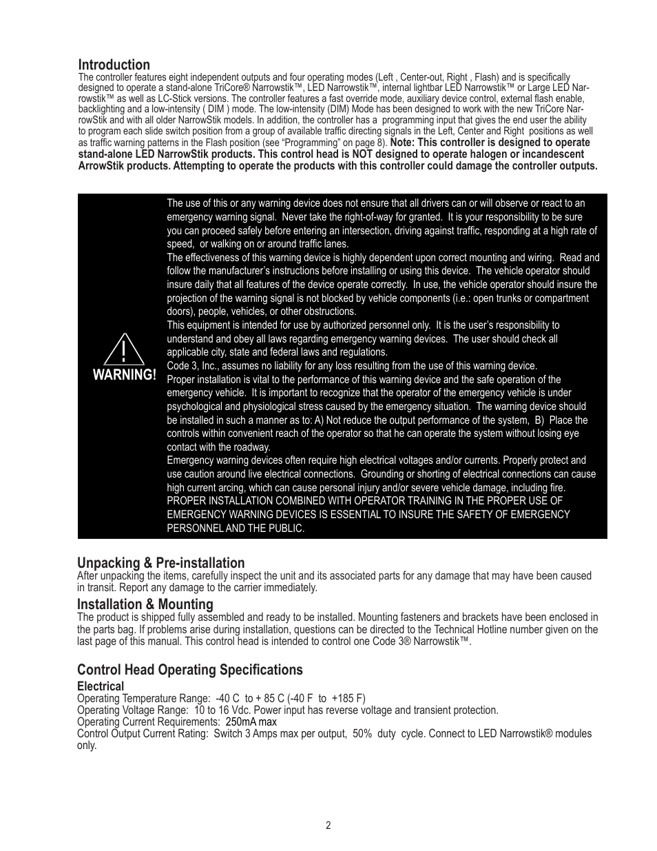 Introduction, Warning! unpacking & pre-installation, Installation & mounting | Control head operating specifications | Code 3 TriCore NarrowStik Controller User Manual | Page 2 / 16