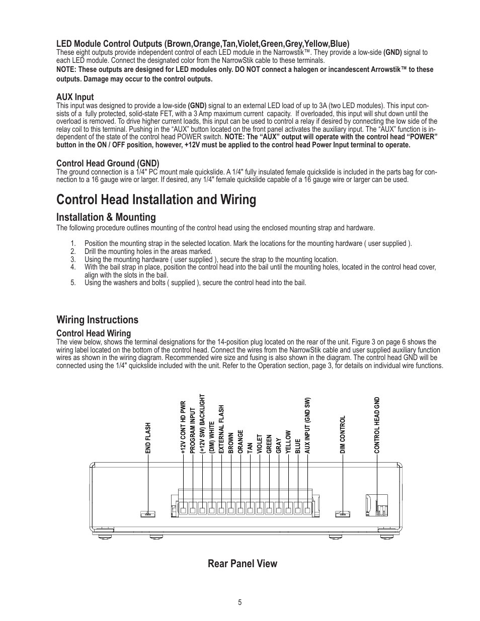 Control head installation and wiring, Installation & mounting, Wiring instructions | Rear panel view | Code 3 TriCore NarrowStik Controller User Manual | Page 5 / 16