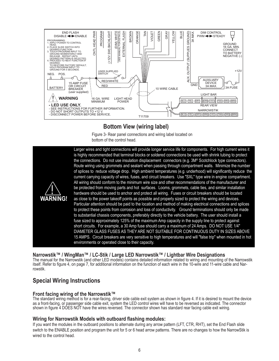 Bottom view (wiring label), Warning, Special wiring instructions | Front facing wiring of the narrowstik | Code 3 TriCore NarrowStik Controller User Manual | Page 6 / 16