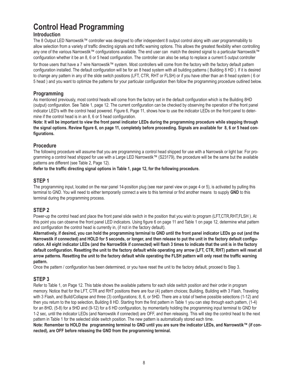 Control head programming | Code 3 TriCore NarrowStik Controller User Manual | Page 8 / 16