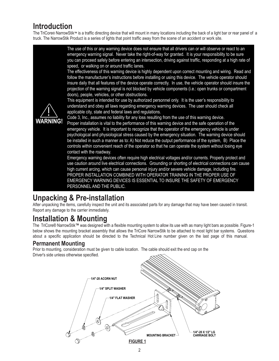 Unpacking & pre-installation, Installation & mounting, Introduction | Warning, Permanent mounting | Code 3 TriCore NarrowStik User Manual | Page 2 / 8