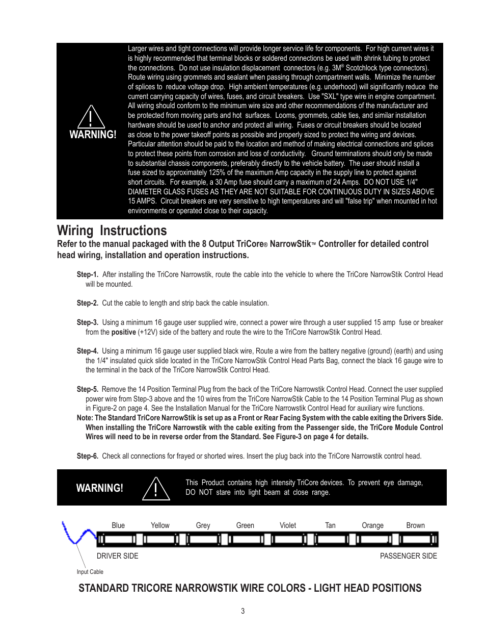 Wiring instructions, Warning | Code 3 TriCore NarrowStik User Manual | Page 3 / 8