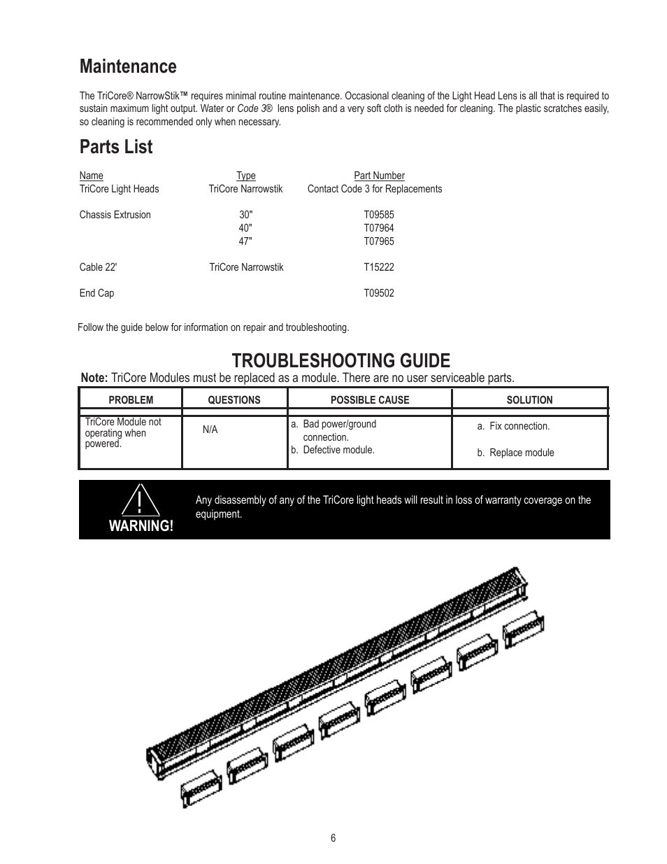 Maintenance, Parts list, Troubleshooting guide | Warning | Code 3 TriCore NarrowStik User Manual | Page 6 / 8