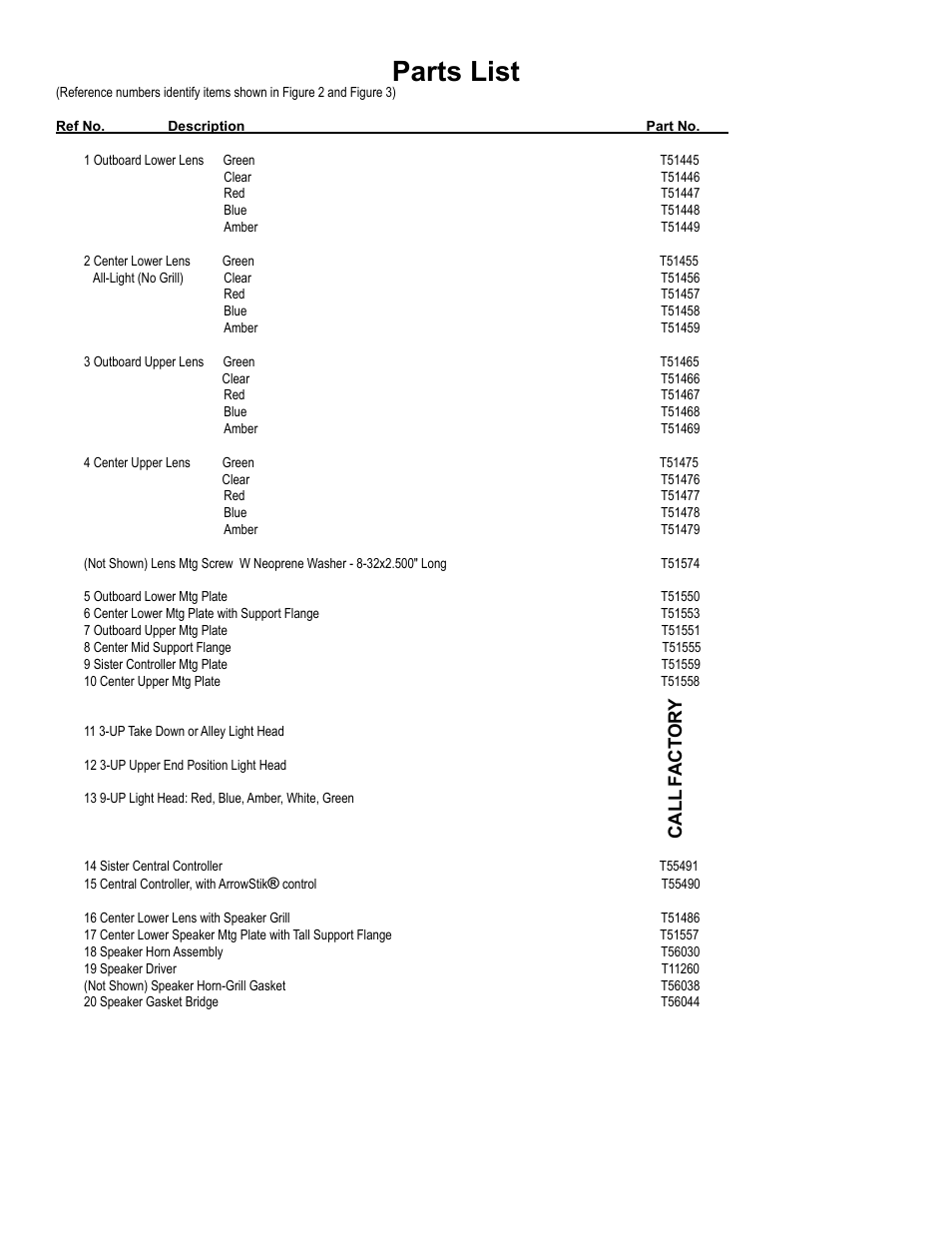 Parts list, Call f act or y | Code 3 Triumph User Manual | Page 11 / 16