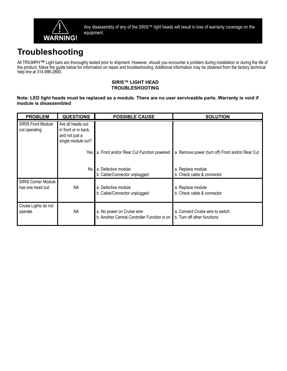 Troubleshooting, Warning | Code 3 Triumph User Manual | Page 12 / 16